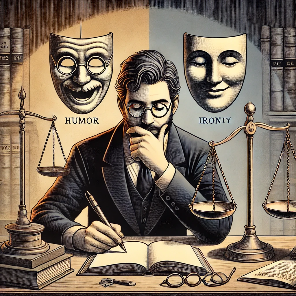 A thoughtful writer at a desk, symbolizing the balance between humor and critique in satirical writing, with elements like a mask of irony and a scale representing intent.